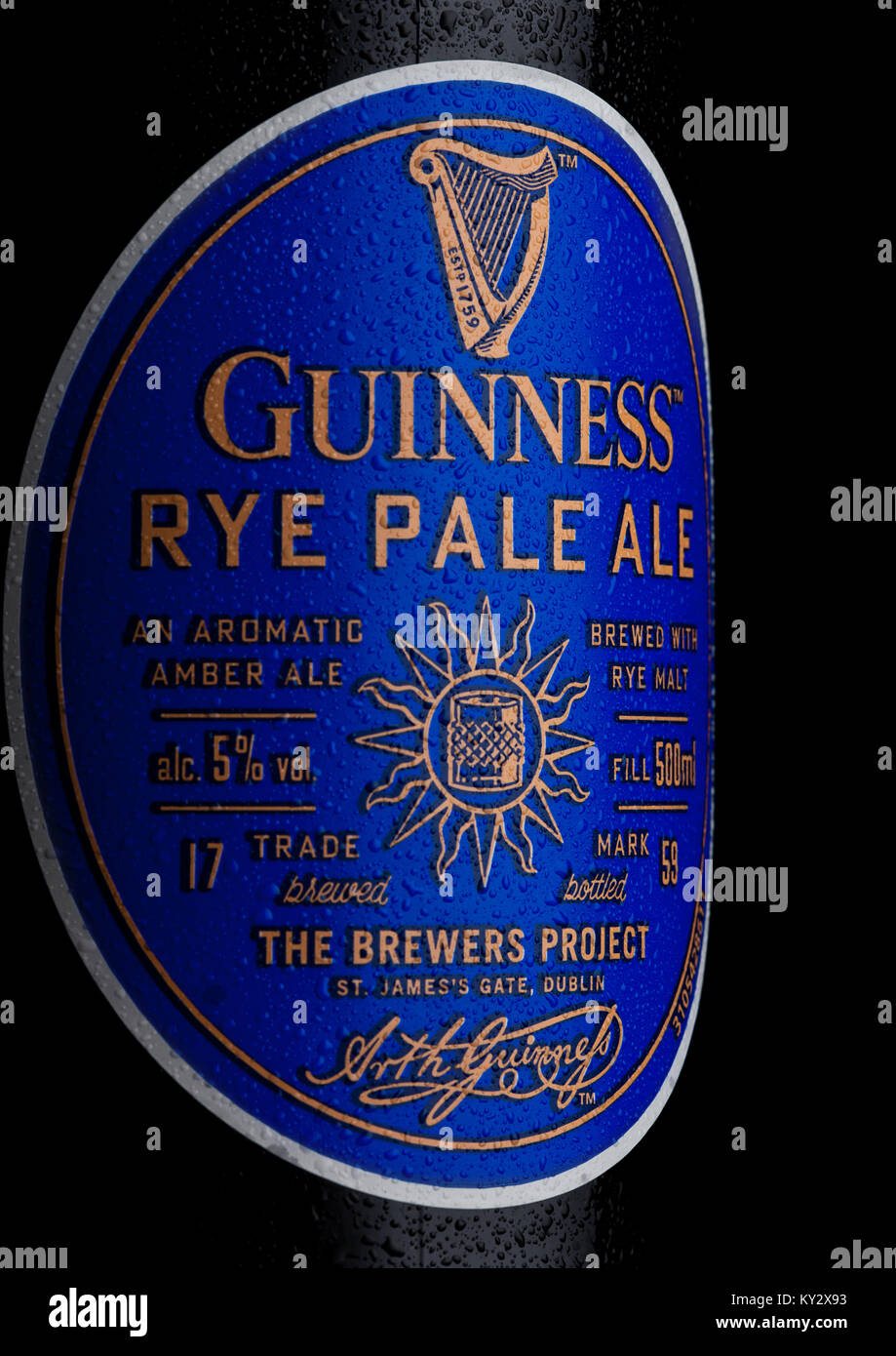 LONDON, UK JANUARY 02, 2018 Bottle label of Guinness rye pale ale