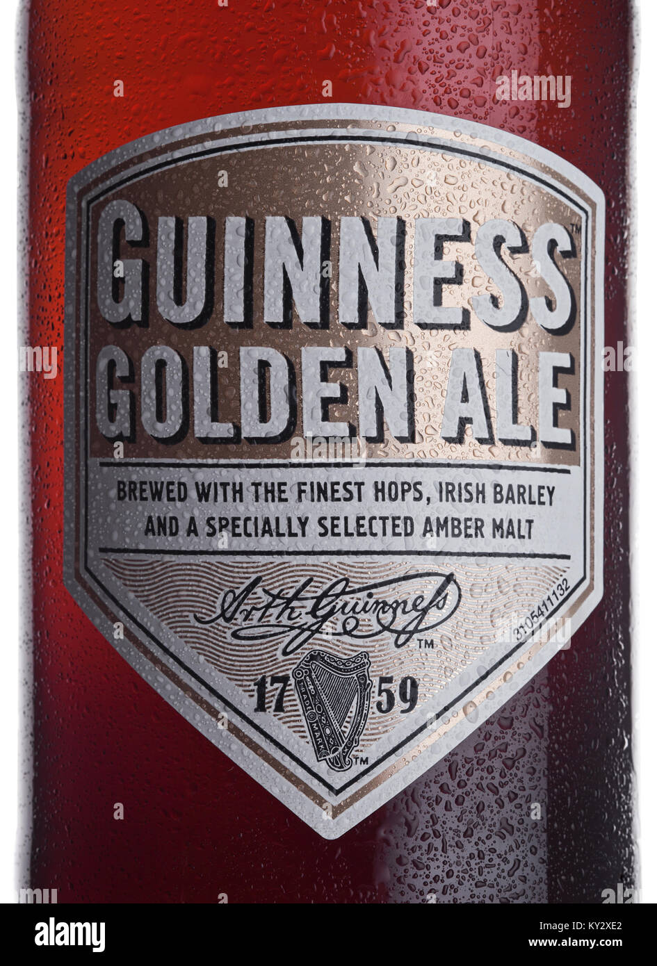 LONDON, UK - JANUARY 02, 2018:  Bottle label of Guinness golden ale beer on white background. Guinness beer has been produced since 1759 in Dublin, Ir Stock Photo