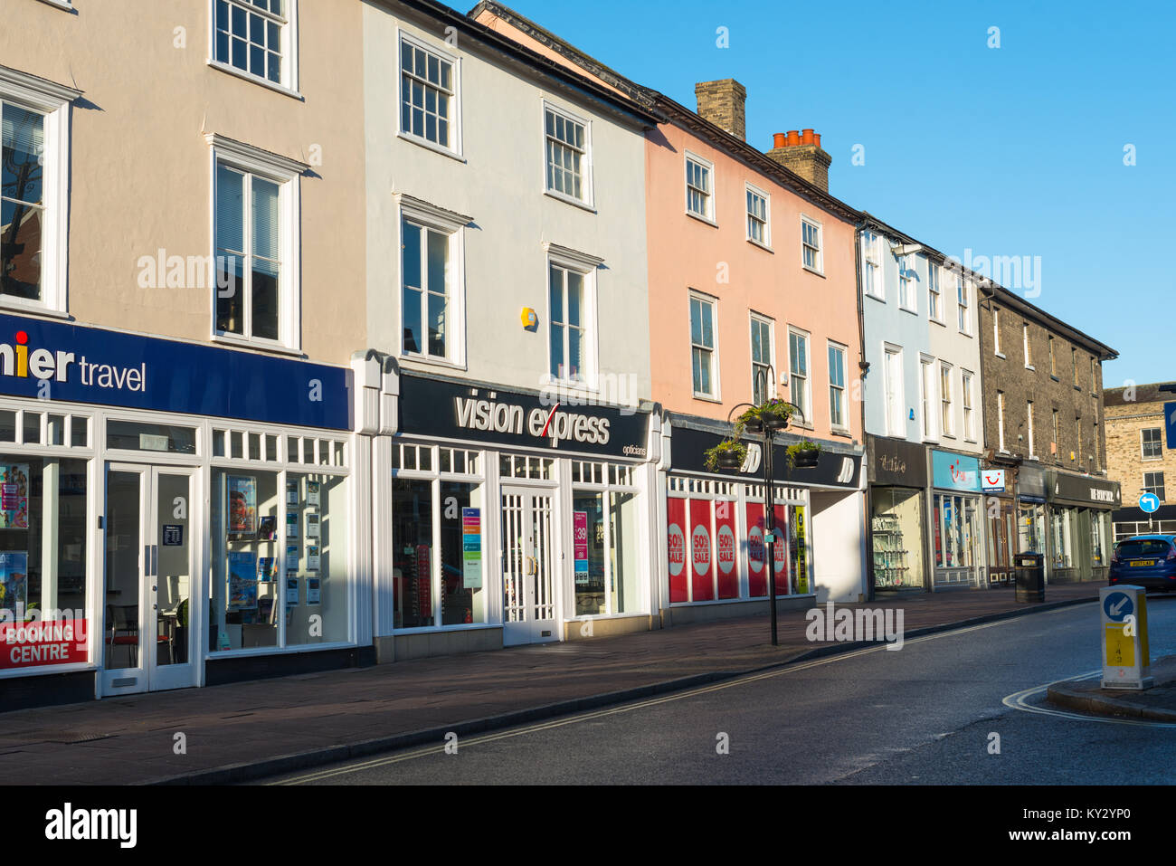 Shopfronts along Buttermarket in Bury St Edmunds town centre. Suffolk