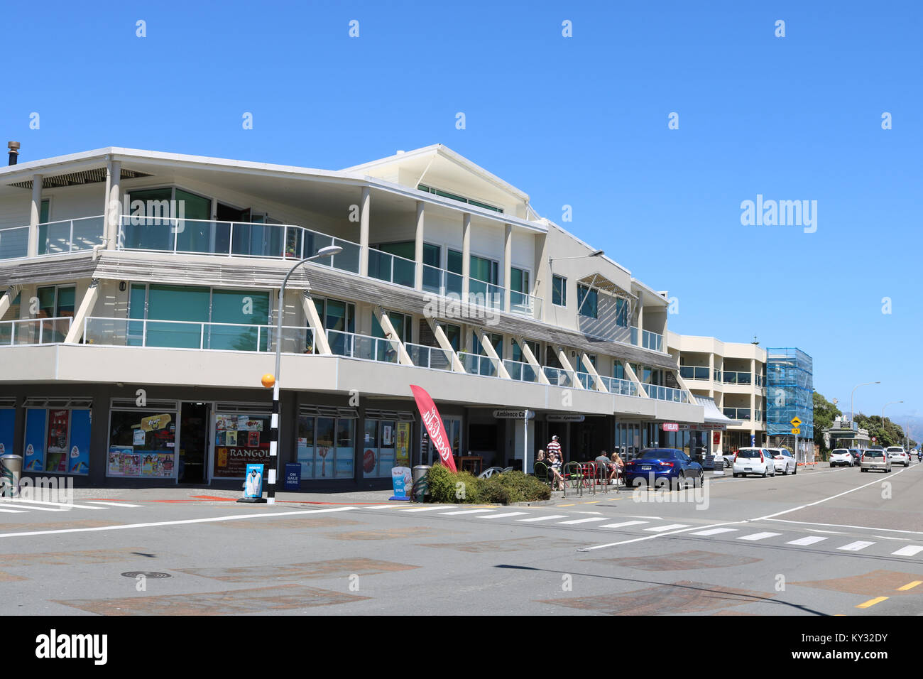 View along Marine Parade from the end of Maclean Street and the Ambience Cafe, Paraparaumu Beach, Paraumu, New Zealand. Stock Photo
