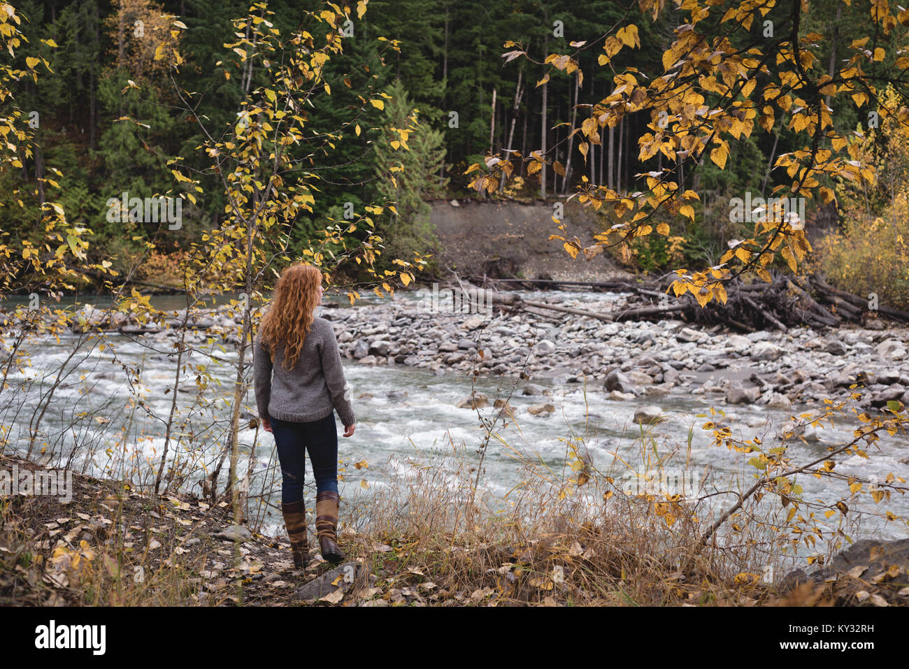 Rear view of woman walking towards the river Stock Photo - Alamy