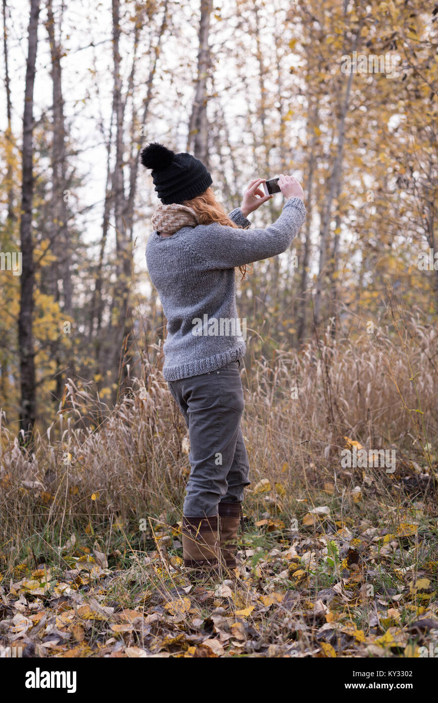 Woman taking picture of autumn forest Stock Photo