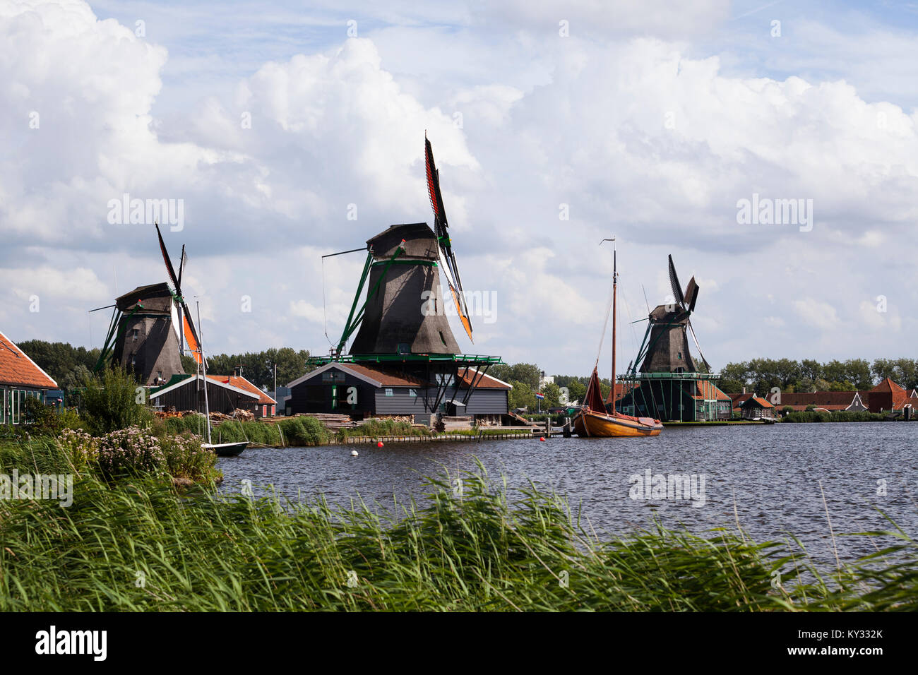 Zaanse Schans. Historical town in North Holland with open-air museum. Working windmills, Stock Photo