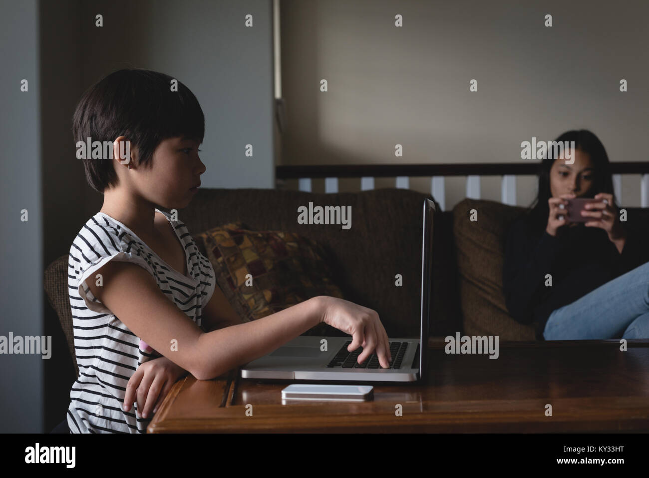 Boy using laptop in living room Stock Photo - Alamy