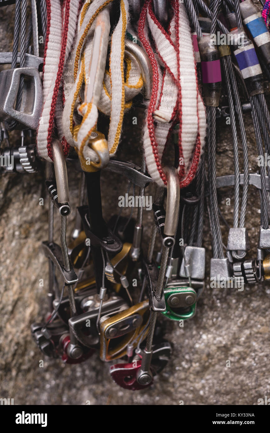 Various rope attached to carabiner Stock Photo Alamy