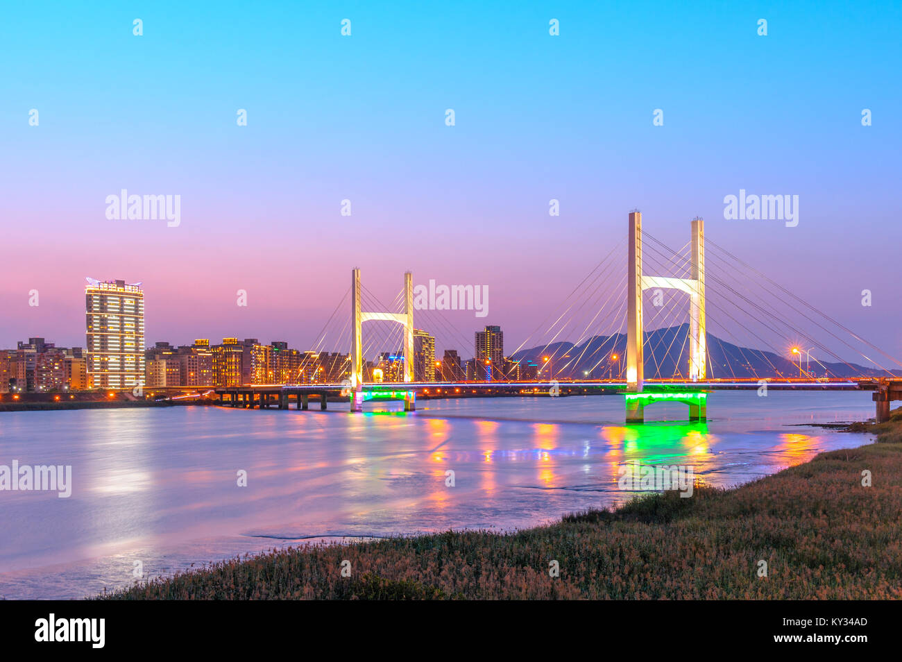 Night scene of Chongyang Bridge in Taipei city Stock Photo