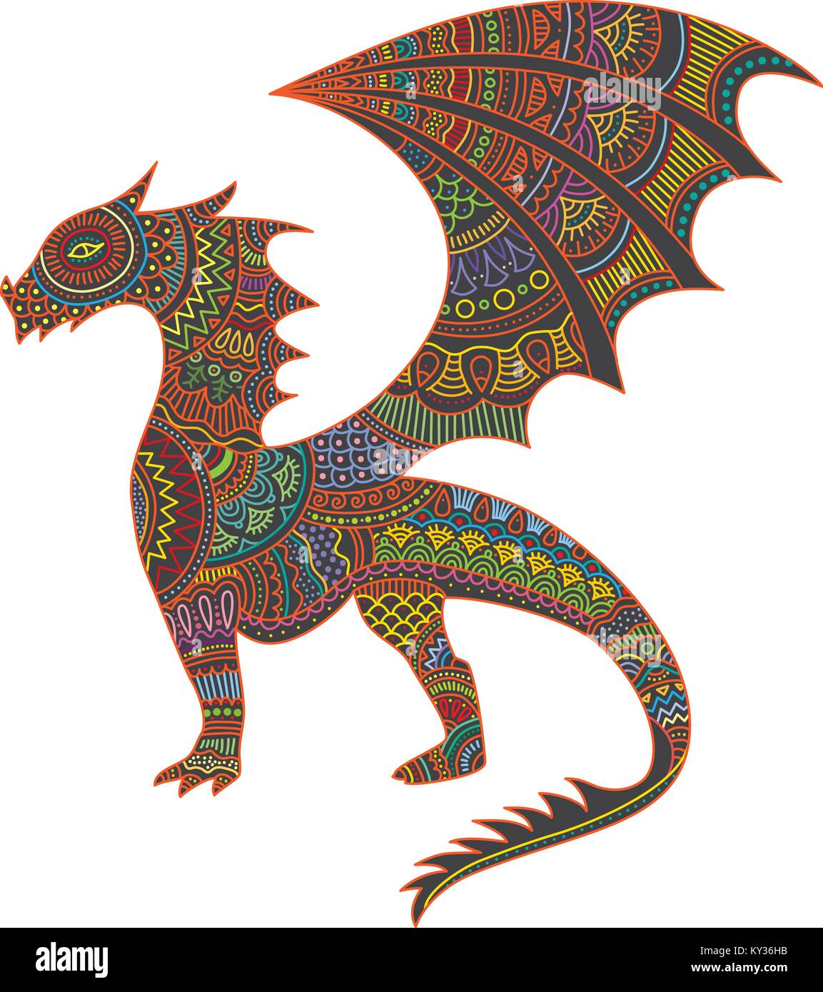 Mystical creatures dragon vector illustration with colorful el alebrije Mexican style pattern Stock Vector