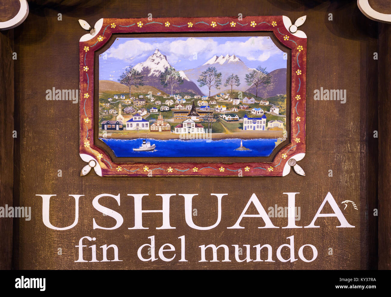 USHUAIA, ARGENTINA - APRIL 15, 2016: Ushuaia Fin Del Mundo (End Of The World) sign. Ushuaia is the capital of Tierra del Fuego province in Argentina. Stock Photo