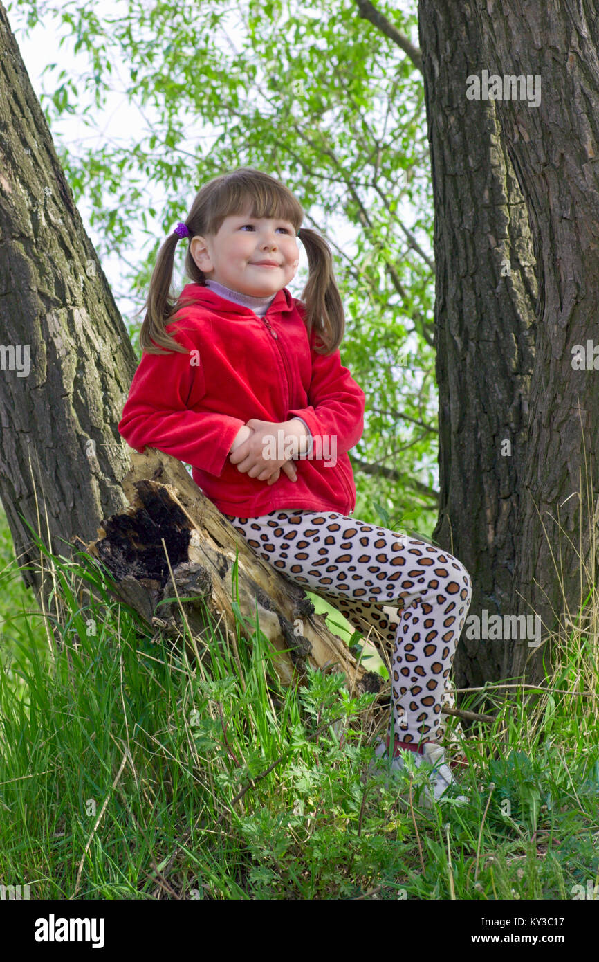 Smiling little girl sitting on tree in forest Stock Photo - Alamy