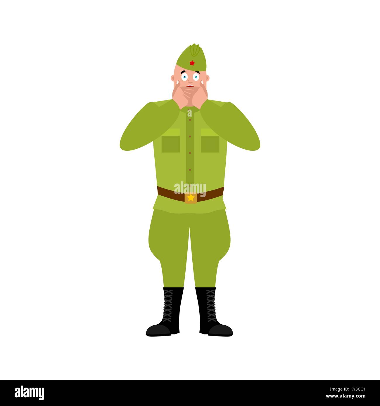 Soviet soldier scared OMG. Retro Russian warrior Oh my God emoji