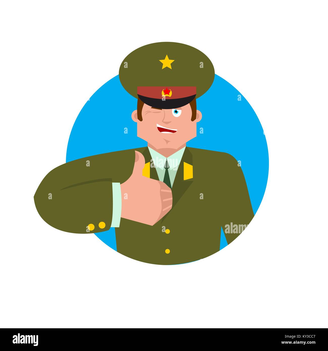 Russian Officer thumbs up and winks. Soldier happy emoji. Military in Russia Joyful. Illustration for 23 February. Defender of Fatherland Day. Army ho Stock Vector