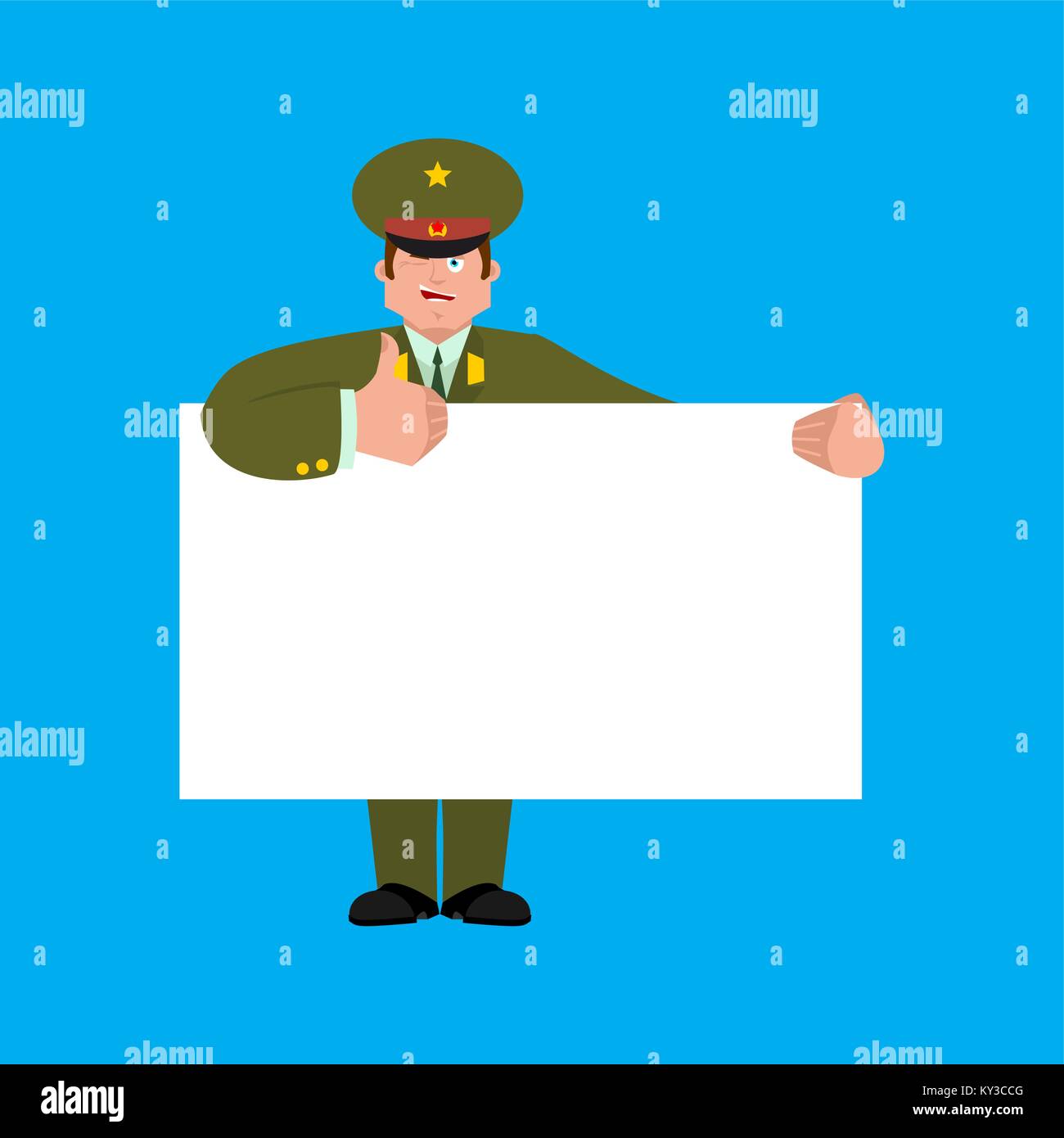 Russian Officer holding banner blank. Soldier and white blank. thumb up and winks joyful emotion Military in Russia. Illustration for 23 February. Def Stock Vector