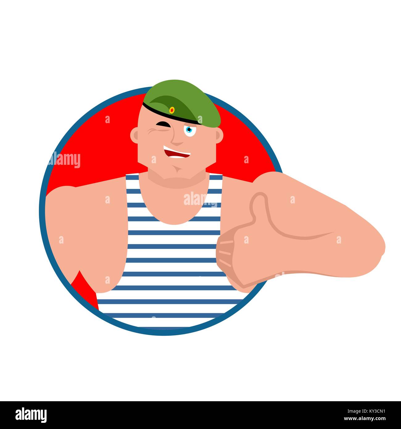 Russian soldier thumbs up and winks. Airborne troops happy emoji. Paratrooper Military in Russia Joyful. Illustration for 23 February. Defender of Fat Stock Vector