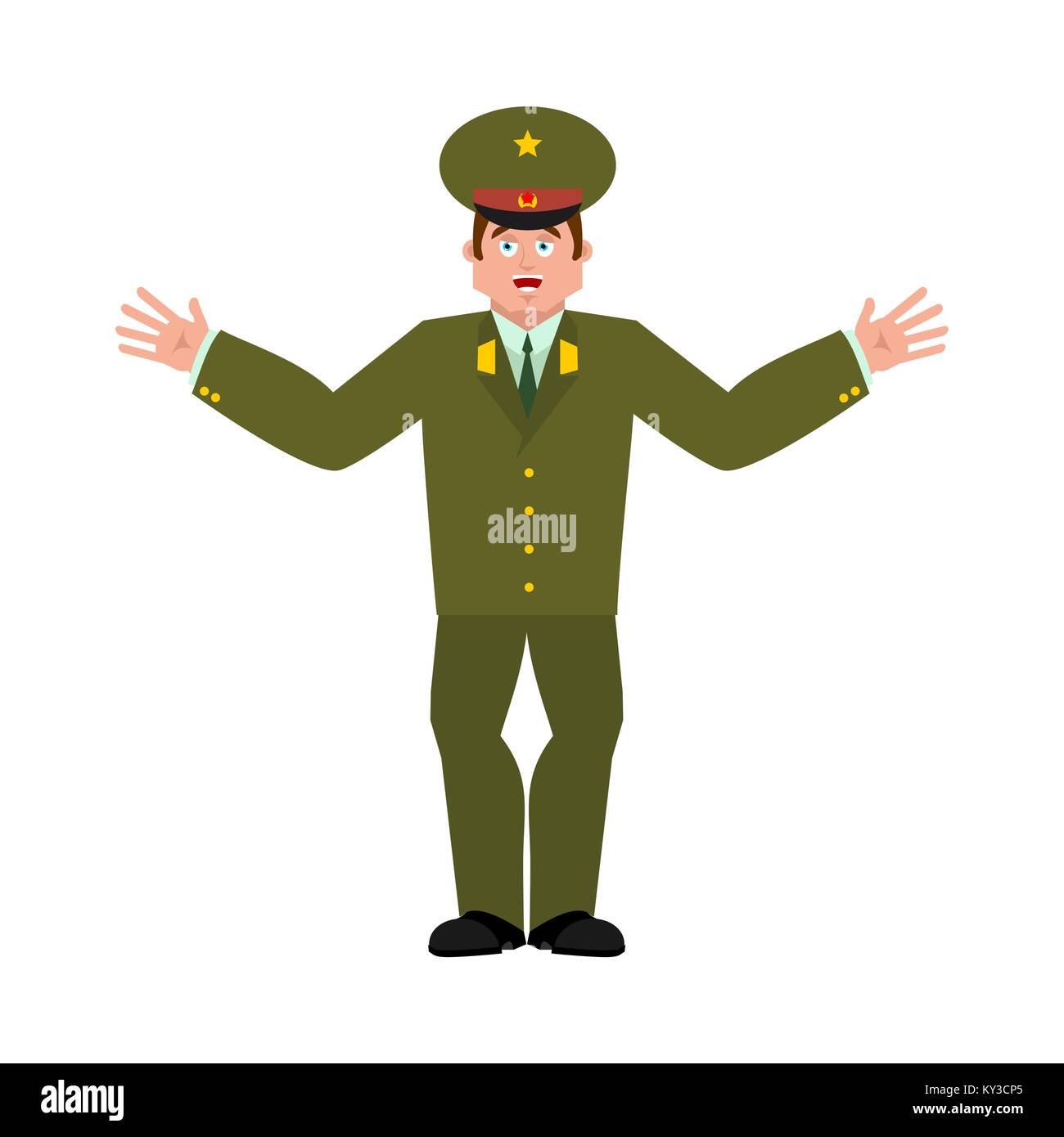 Russian Officer happy. Soldier merry. Joyful Military in Russia. Illustration for 23 February. Defender of Fatherland Day. Army holiday for Russian Fe Stock Vector