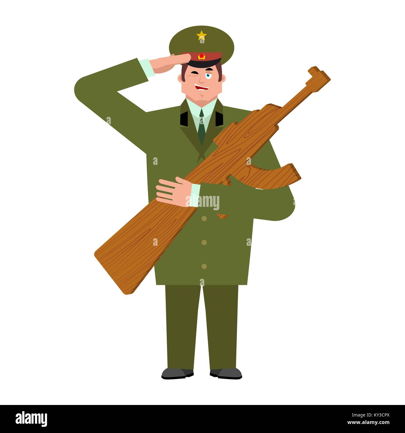 Russian soldier and Wood gun toys. Military holiday in Russia. Illustratioin for 23 February. Defender of Fatherland Day Stock Vector