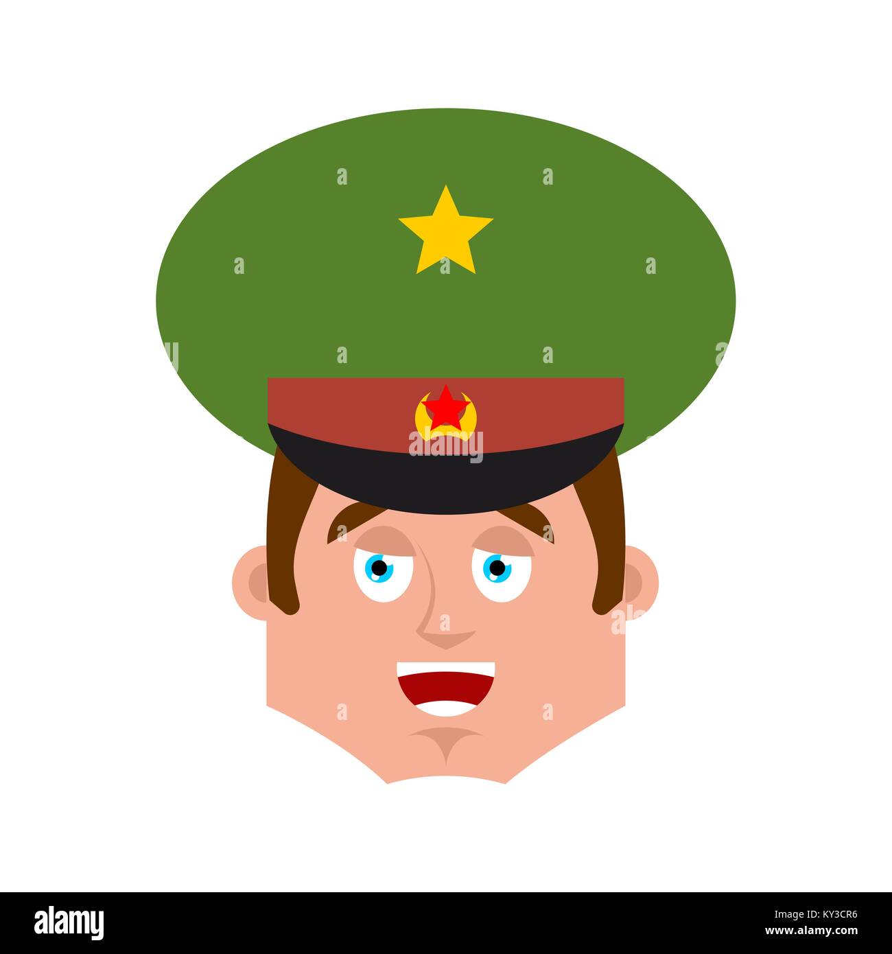 Russian Officer happy emoji. Soldier merry emotion avatar. Joyful Military in Russia. Illustration for 23 February. Defender of Fatherland Day. Army h Stock Vector