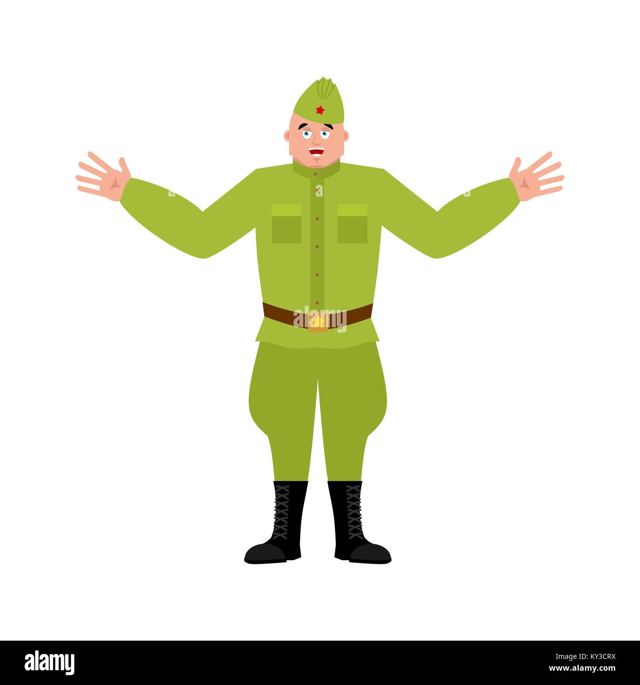 Soviet soldier happy. Retro Russian warrior merry. Joyful Military in Russia. Illustration for 23 February. Defender of Fatherland Day. Army holiday f Stock Vector