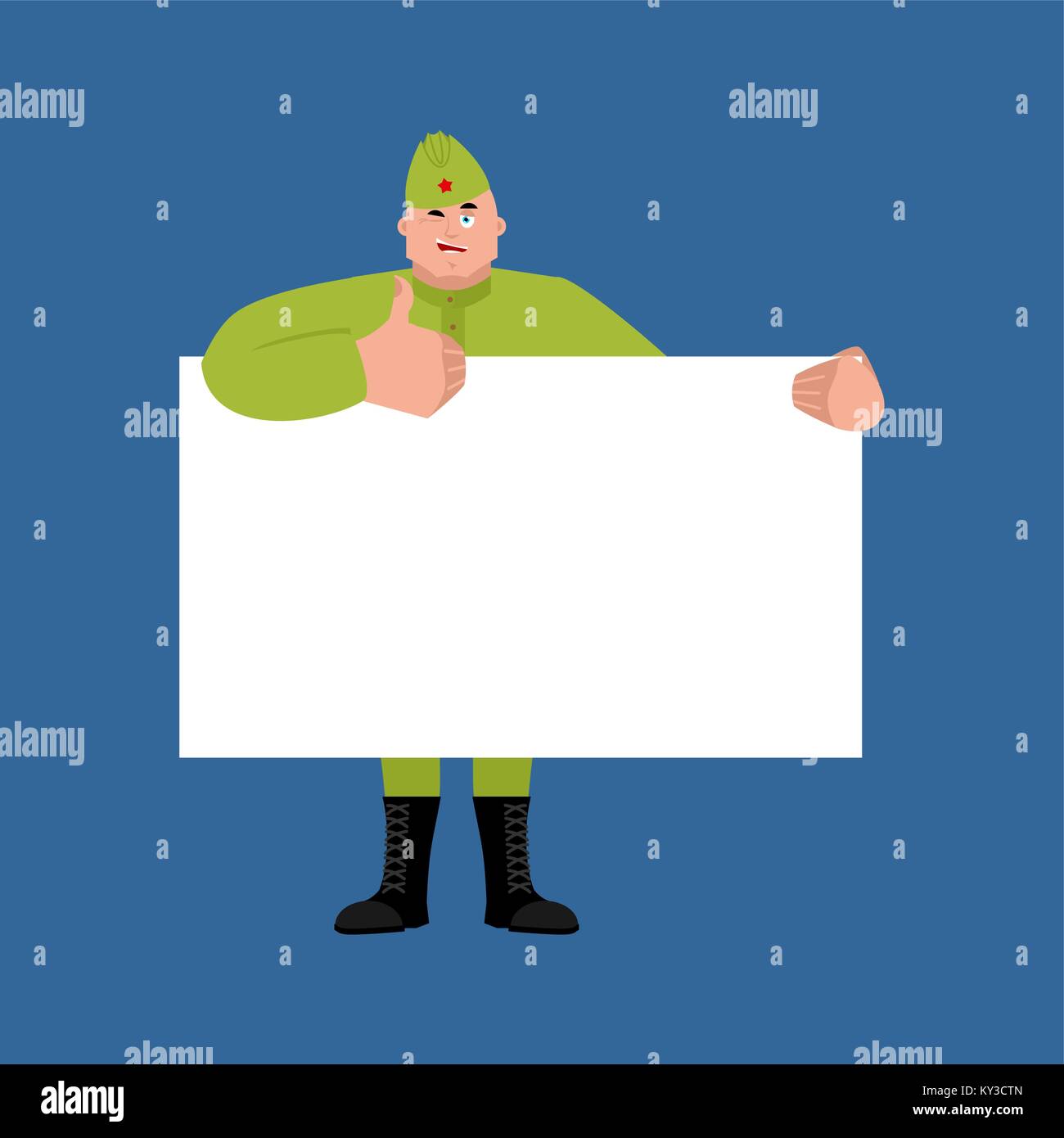 Soviet soldier holding banner blank.Retro Russian warrior and white blank. Military in Russia thumb up and winks joyful emotion. Illustration for 23 F Stock Vector