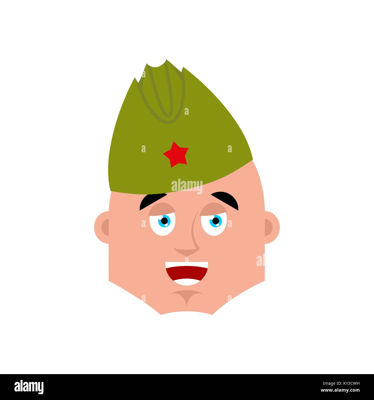 Soviet soldier happy emoji. Retro Russian warrior  merry emotions avatar. Joyful Military in Russia. Illustration for 23 February. Defender of Fatherl Stock Vector