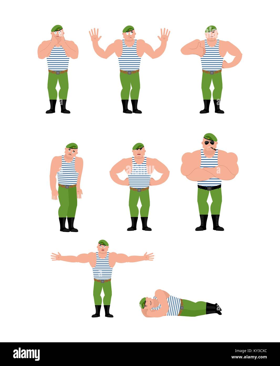 Russian soldier set poses. Airborne troops happy and yoga. Paratrooper Military in Russia sleeping and angry. guilty and sad. Illustration for 23 Febr Stock Vector