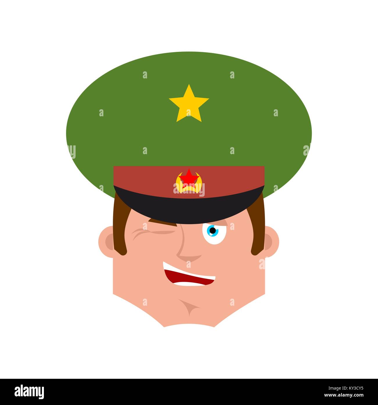 Russian Officer wink emoji. Soldier merry emotions avatar. Joyful Military in Russia. Illustration for 23 February. Defender of Fatherland Day. Army h Stock Vector