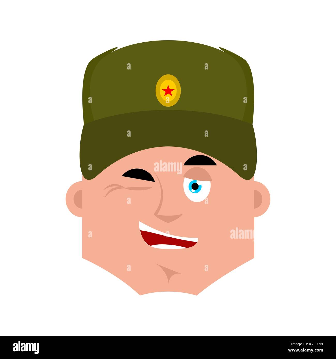 Russian soldier wink emoji. Warrior merry emotions. Joyful Military in Russia. Illustration for 23 February. Defender of Fatherland Day. Army holiday  Stock Vector