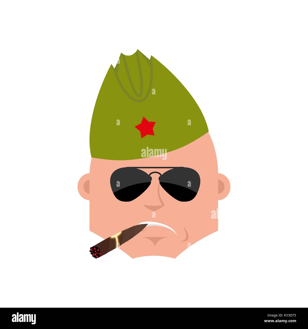 Soviet soldier Cool serious avatar of emotions. Retro Russian warrior smoking cigar emoji. strict Military in Russia. Illustration for 23 February. De Stock Vector