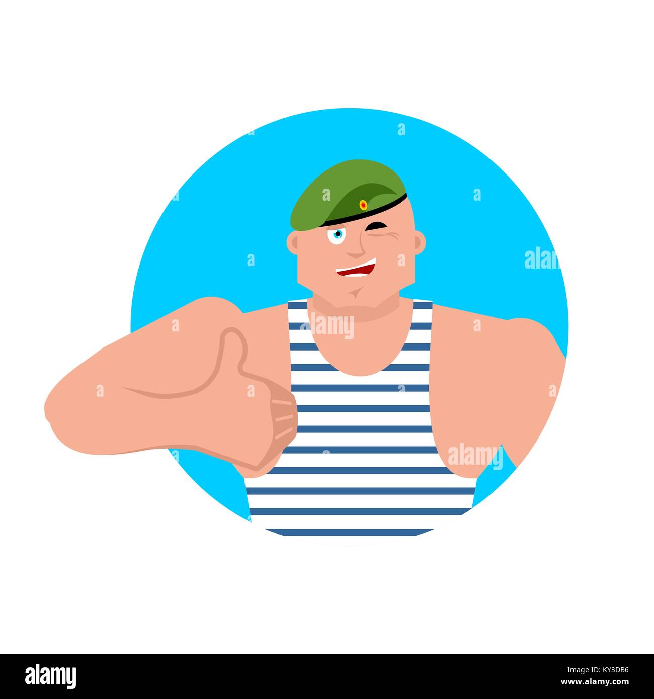 Russian soldier thumbs up and winks. Airborne troops happy emoji. Paratrooper Military in Russia Joyful. Illustration for 23 February. Defender of Fat Stock Vector