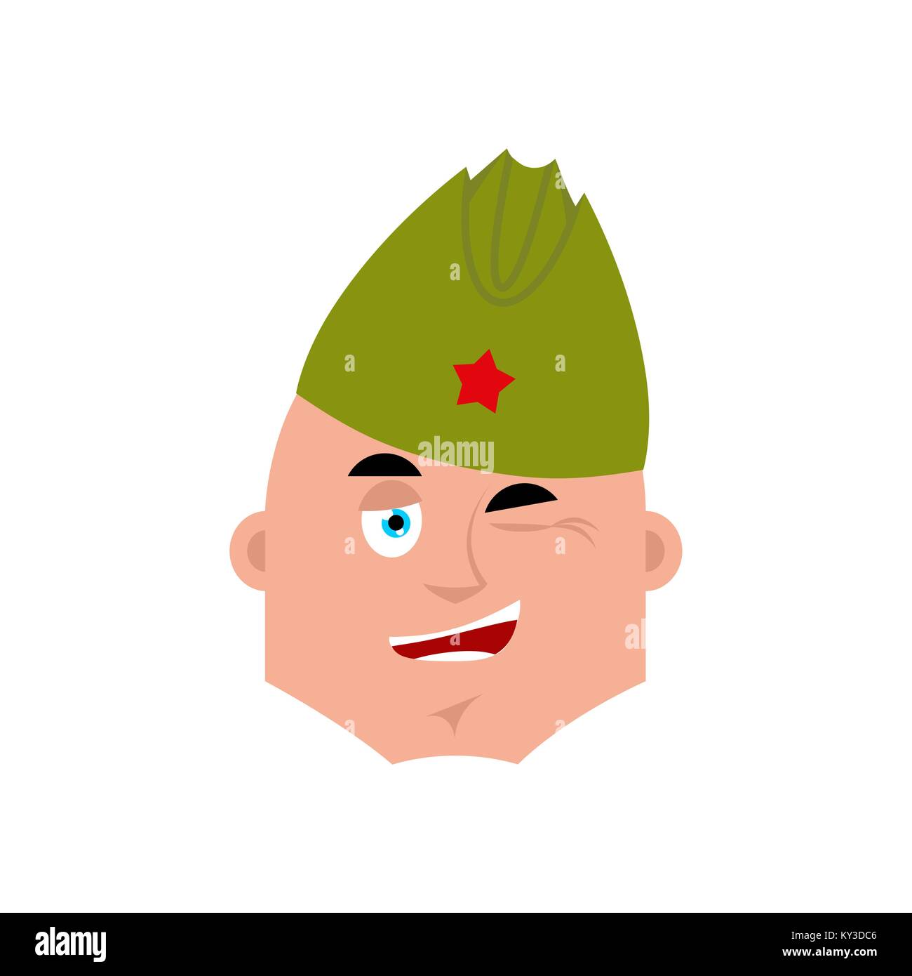 Soviet soldier wink emoji. Retro Russian warrior merry emotions avatar. Joyful Military in Russia. Illustration for 23 February. Defender of Fatherlan Stock Vector