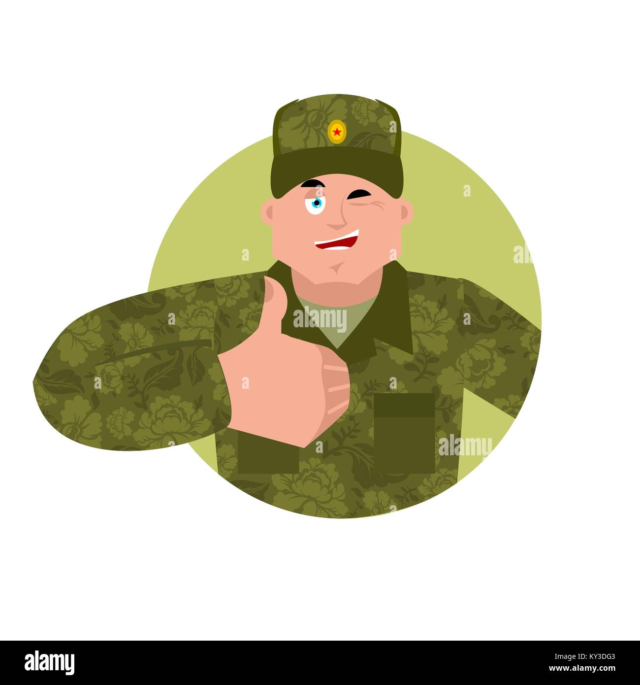 Russian soldier thumbs up and winks. Warrior merry. Joyful Military in Russia. Illustration for 23 February. Defender of Fatherland Day. Army holiday  Stock Vector