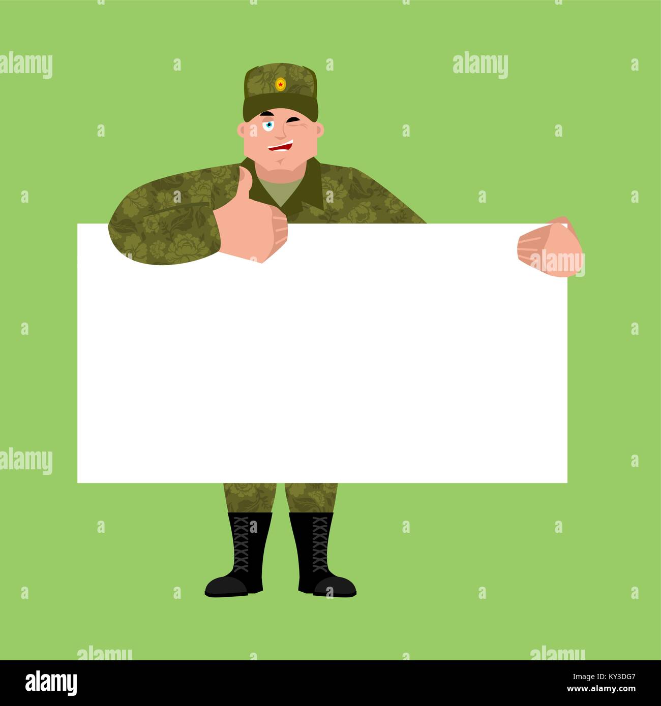 Russian soldier holding banner blank. Warrior white blank. Paratrooper Military in Russia  thumb up and winks joyful emotion. Illustration for 23 Febr Stock Vector