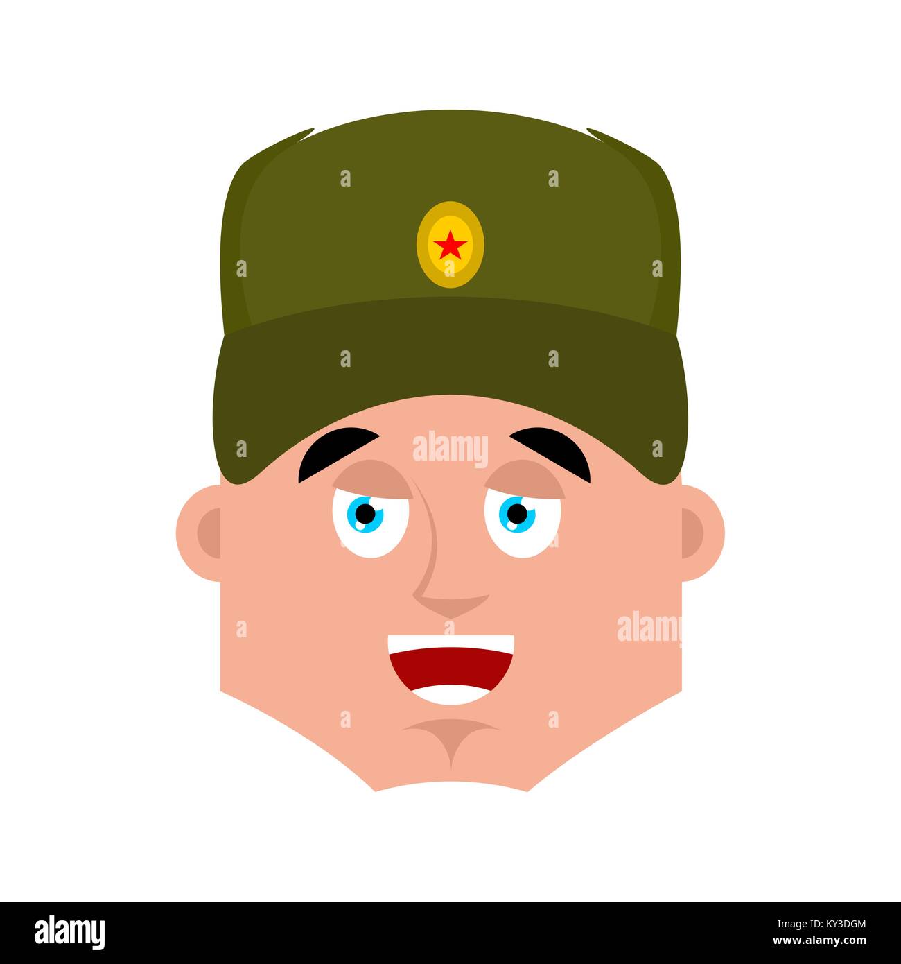 Russian soldier happy emoji. Warrior merry emotion. Joyful Military in Russia. Illustration for 23 February. Defender of Fatherland Day. Army holiday  Stock Vector