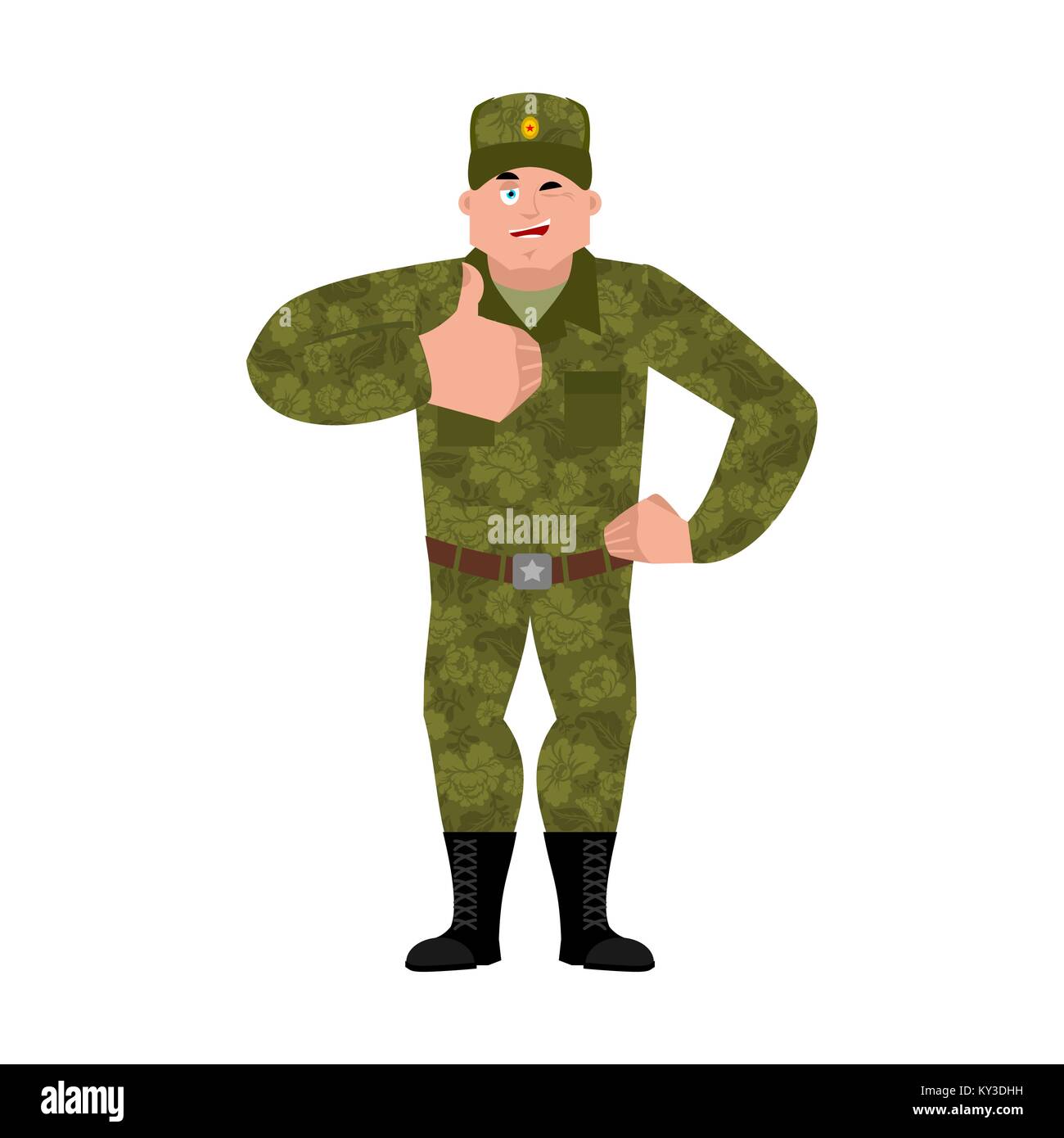 Russian soldier thumbs up and winks. Warrior merry. Joyful Military in Russia. Illustration for 23 February. Defender of Fatherland Day. Army holiday  Stock Vector