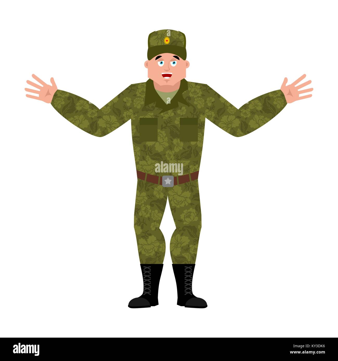Russian soldier happy. Warrior merry. Joyful Military in Russia. Illustration for 23 February. Defender of Fatherland Day. Army holiday for Russian Fe Stock Vector