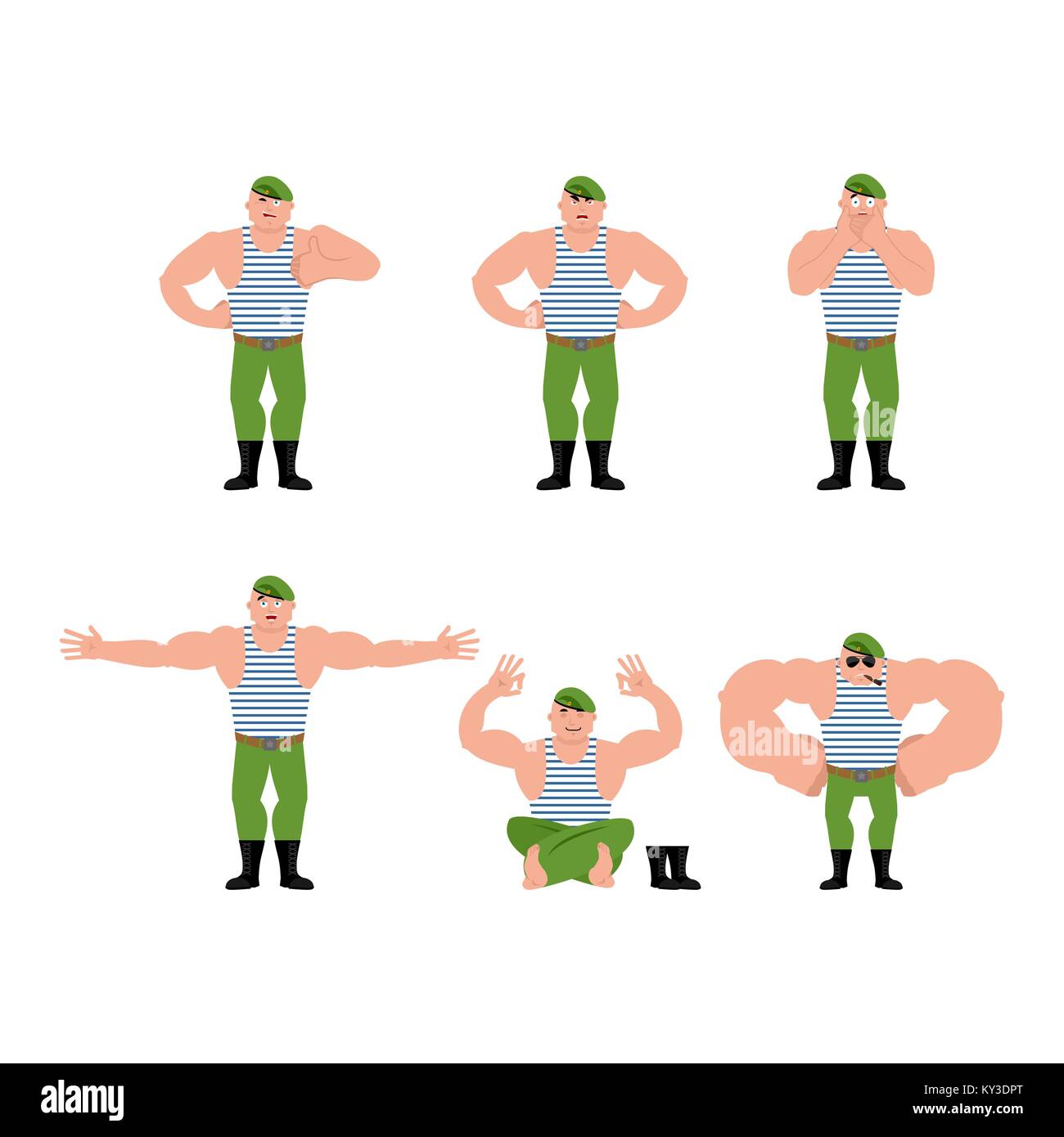 Russian soldier set poses and motion. Airborne troops happy and yoga. Paratrooper Military in Russia sleeping and angry. guilty and sad. Illustration  Stock Vector