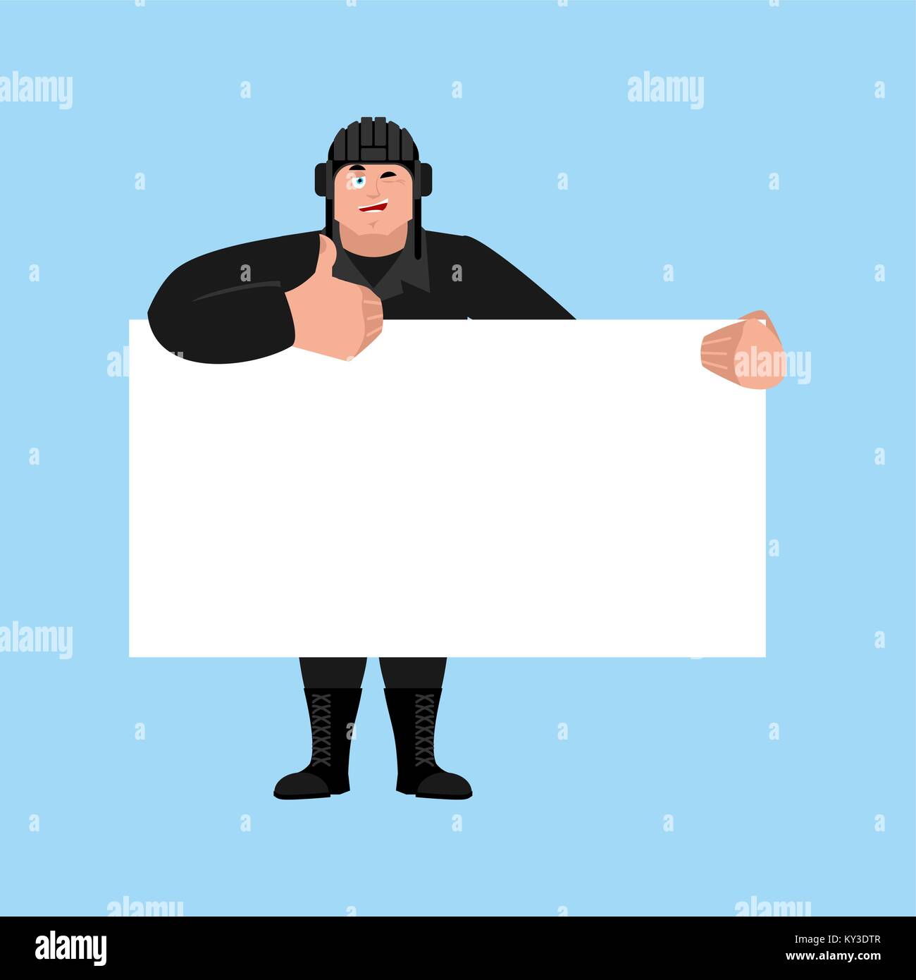Tankman holding banner blank. Russian soldier and white blank. Tankman Military in Russia thumb up and winks joyful emotion. Illustration for 23 Febru Stock Vector