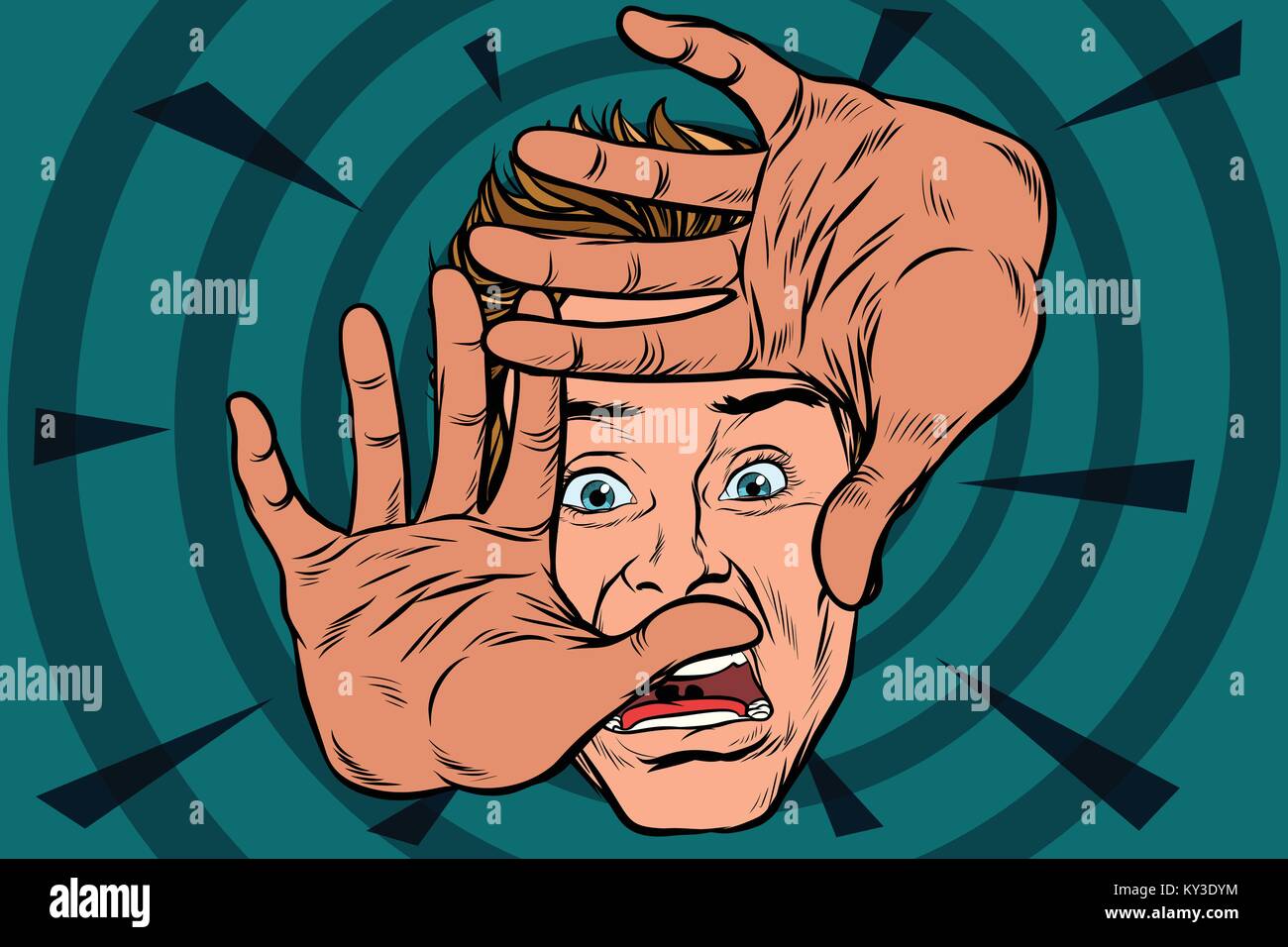 frightened man is protected by hands Stock Vector