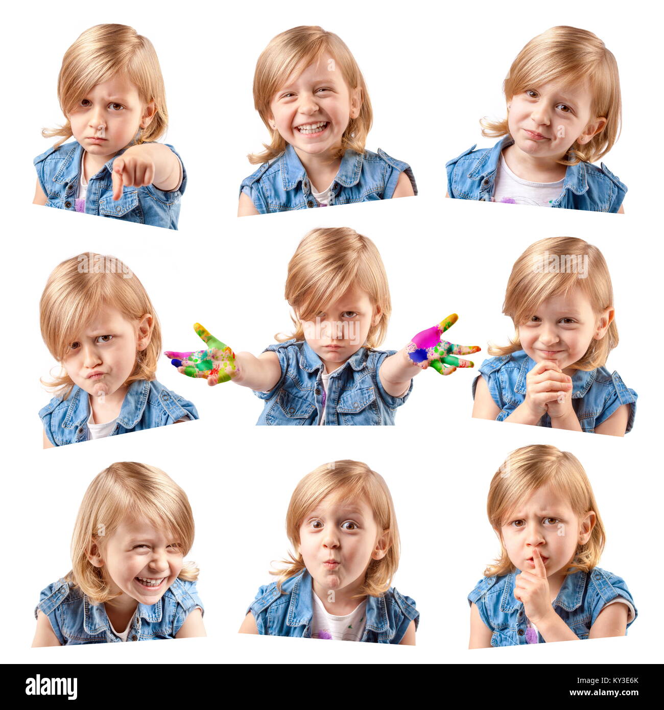 Mosaic of different portraits of the same cute girl. Mixed emotions poster. Stock Photo