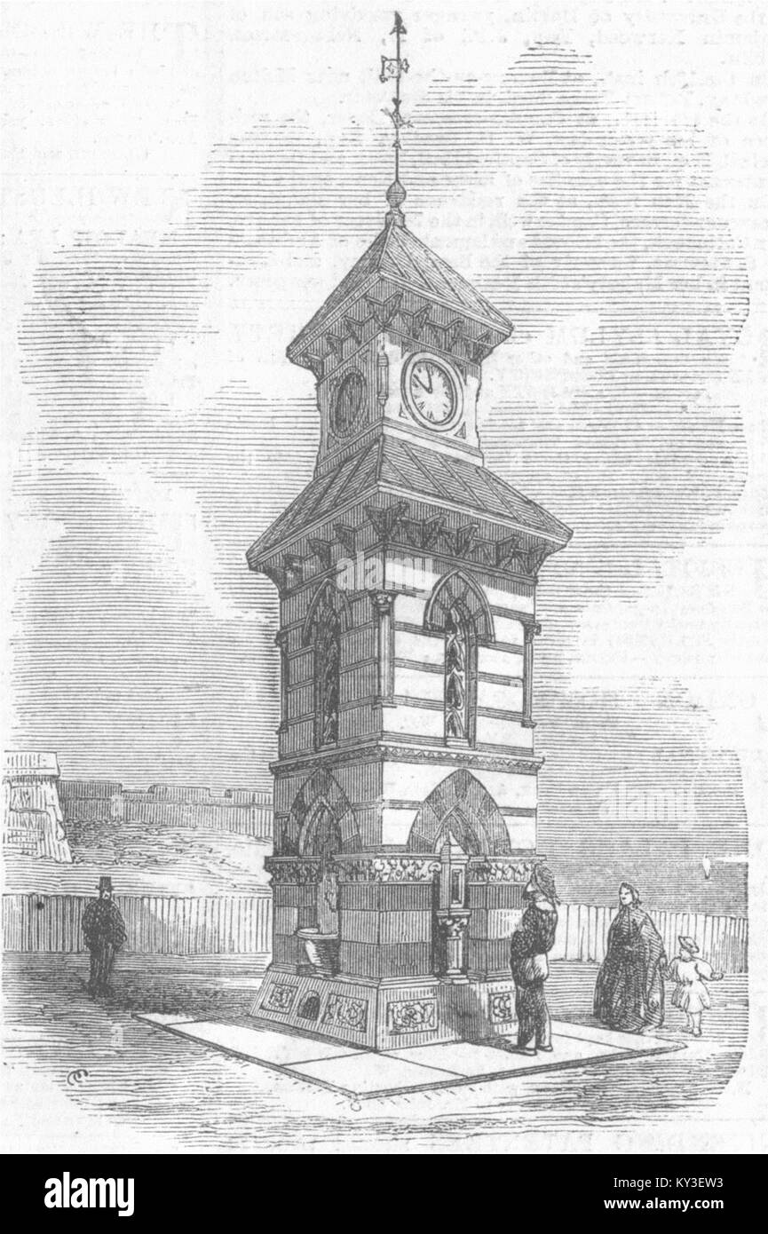 NORTHUMBS Clock-Tower, Drinking-Fountain, Tynemouth 1861. Illustrated London News Stock Photo