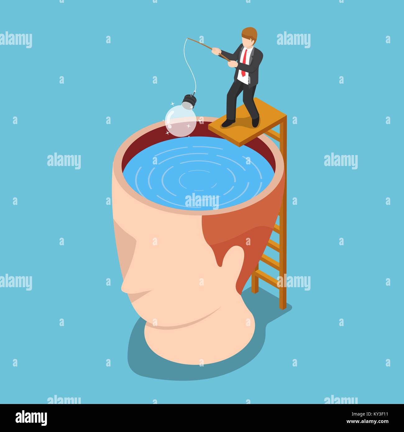 Flat 3d isometric businessman fishing light bulb of idea from head. Idea concept. Stock Vector