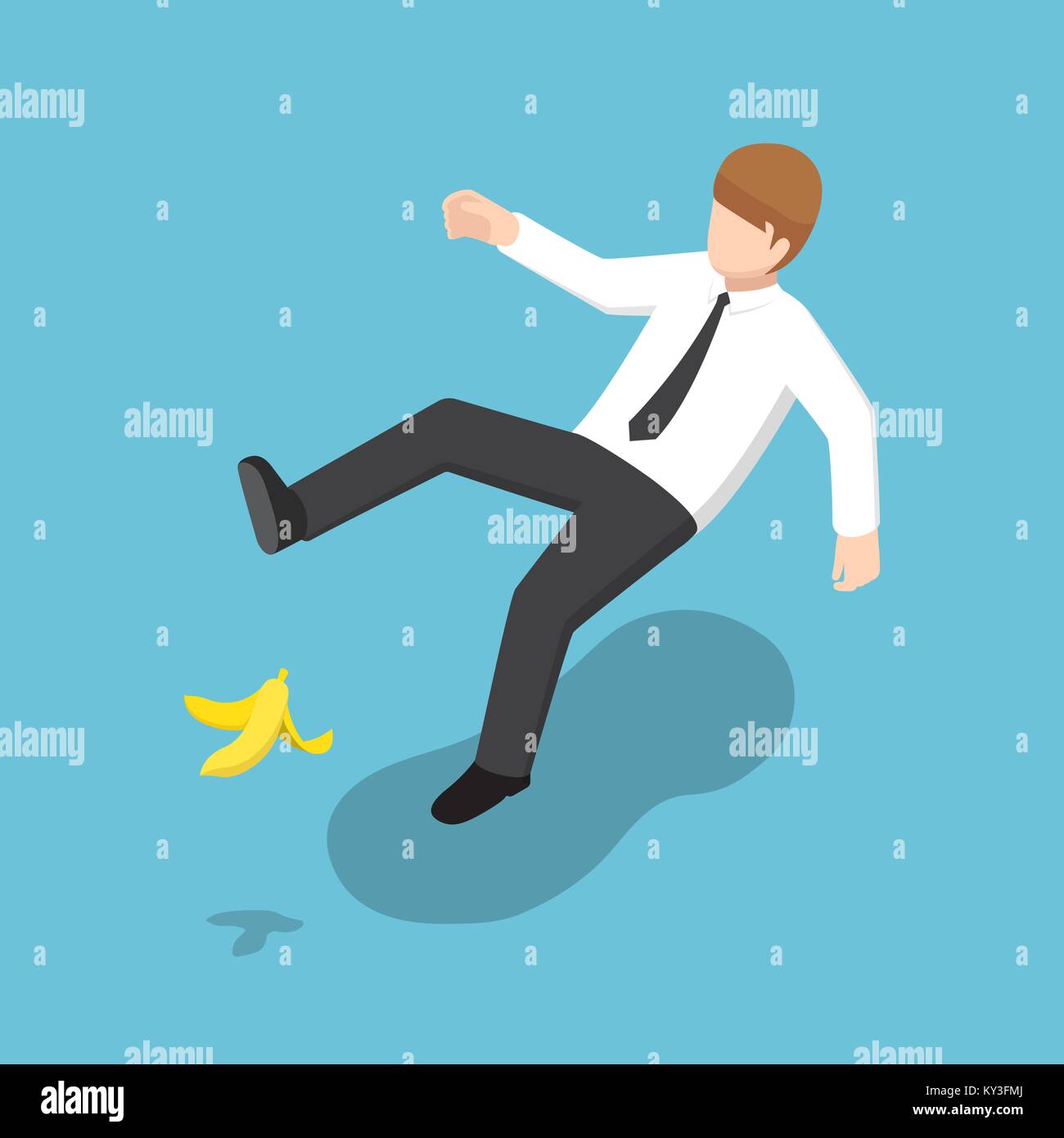 Flat 3d isometric businessman slipped on a banana peel. Business accident concept. Stock Vector
