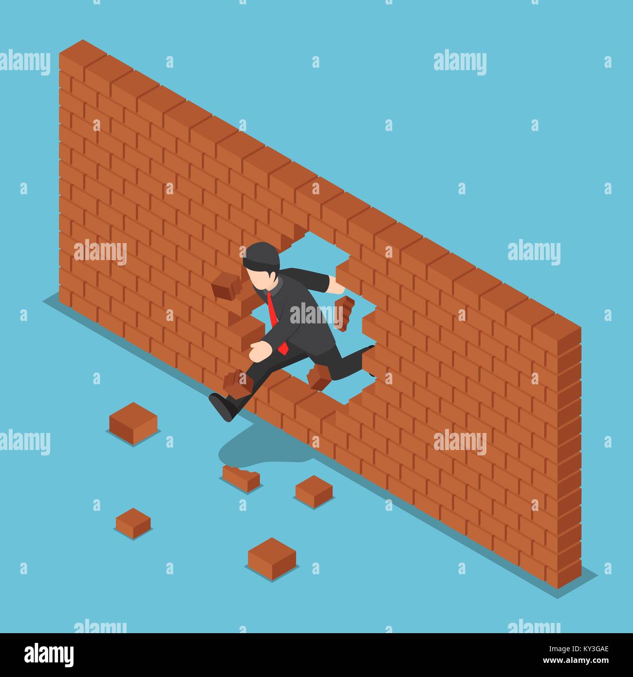 Flat 3d isometric businessman breaking through brick wall. Leadership concept. Stock Vector