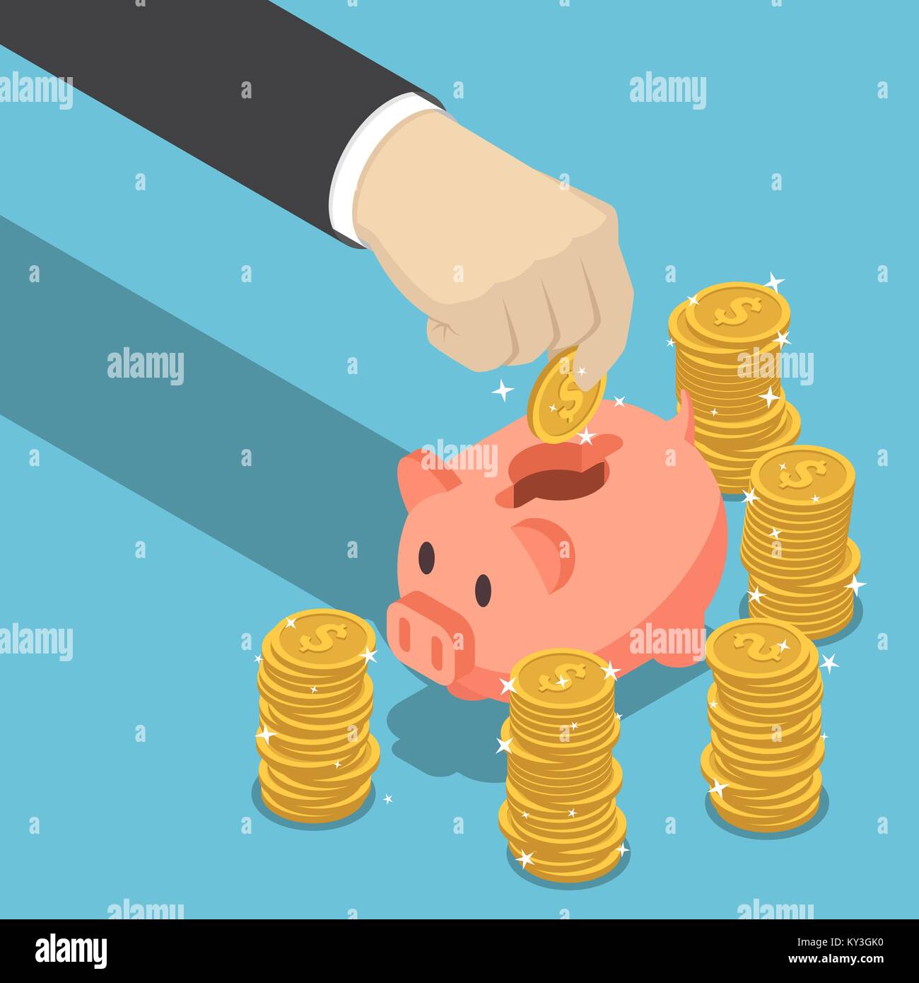 Flat 3d isometric businessman hand putting dollar coin into piggy bank. Financial and money saving concept. Stock Vector