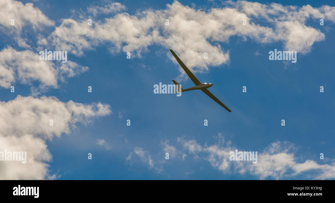 A Glider flying in bleu sky with big white clouds. The glider is a plane that has no engine Stock Photo