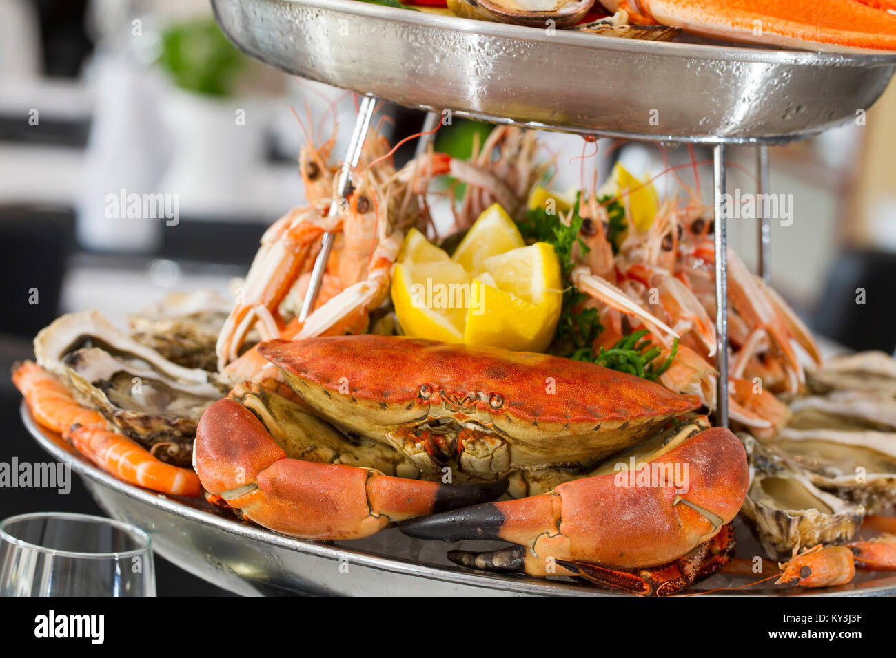 Platter of seafood, restaurant 'Le Homard Gourmand' in Fort Mahon, cook, chef Jackie Masse. Stock Photo