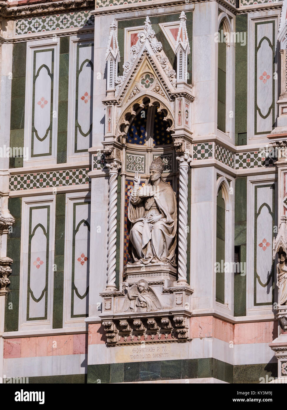 Sculpture of pope Eugenius IV on the facade of the Cathedral of Florence, Italy Stock Photo