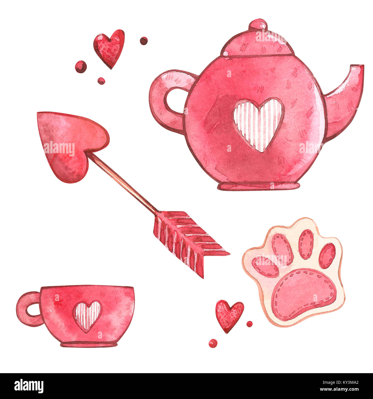 Pink cup and teapot with heart. Watercolor set of elements for Valentine's  day. Scrapbook design elements. Typography poster, card, label, banner  design set Stock Photo - Alamy