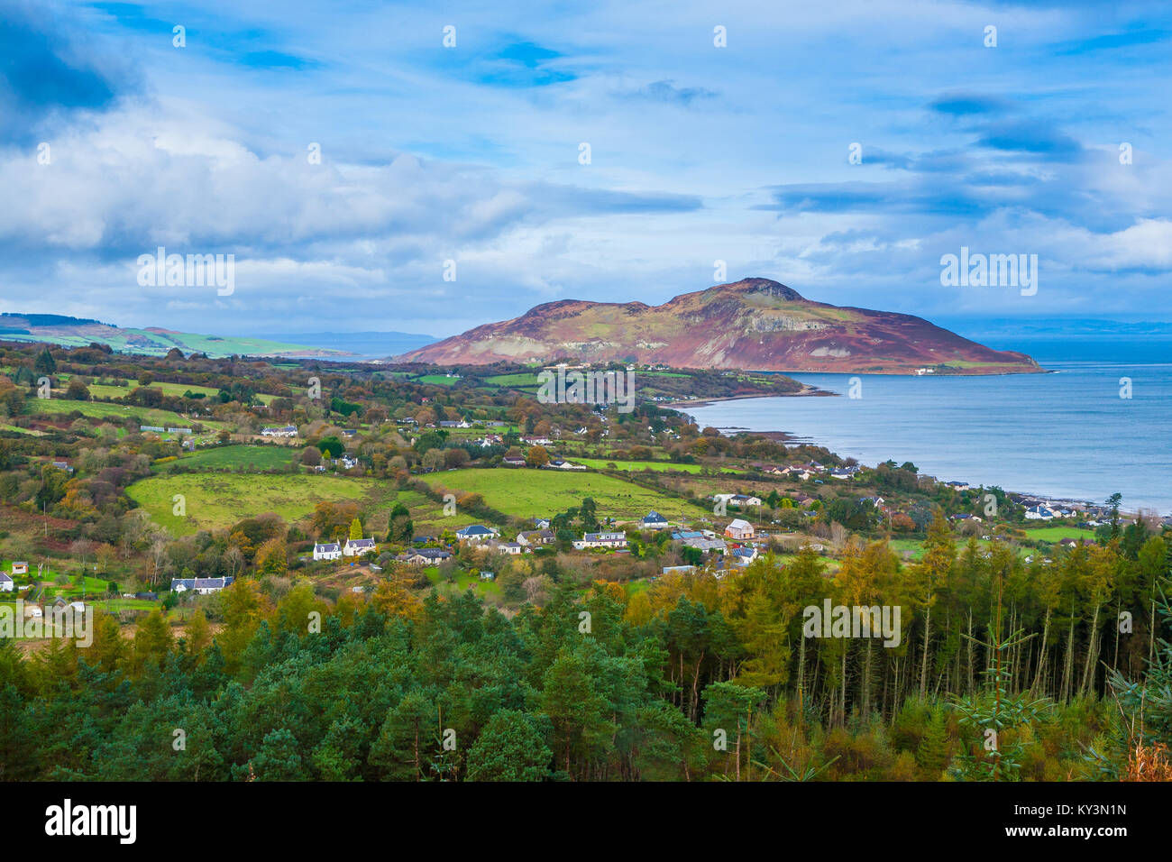 Whiting Bay with Holy Isle in the background, Isle of Arran, Scotland UK Stock Photo