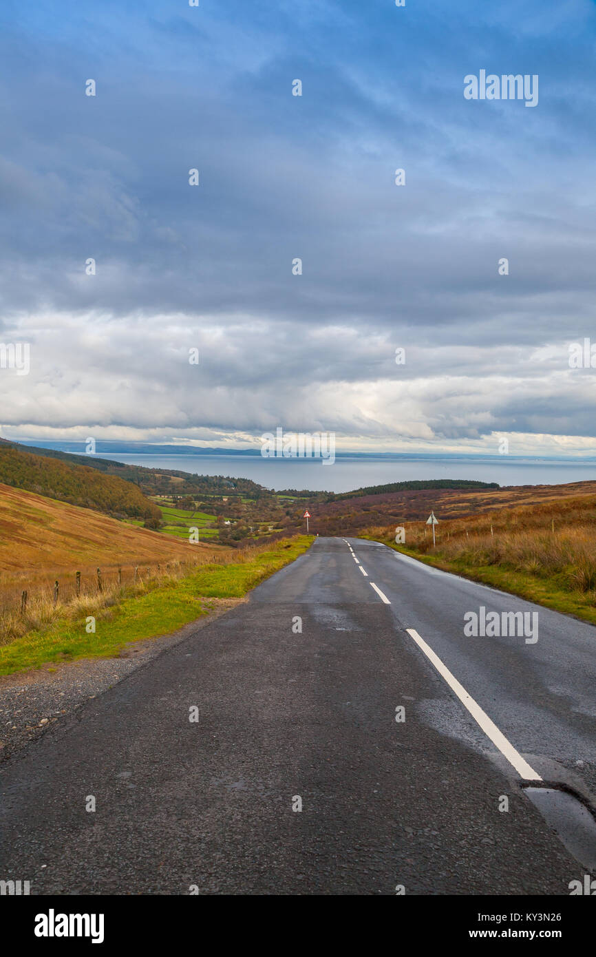 A view down the road towards Brodick on The String road, Isle of Arran, Scotland Stock Photo
