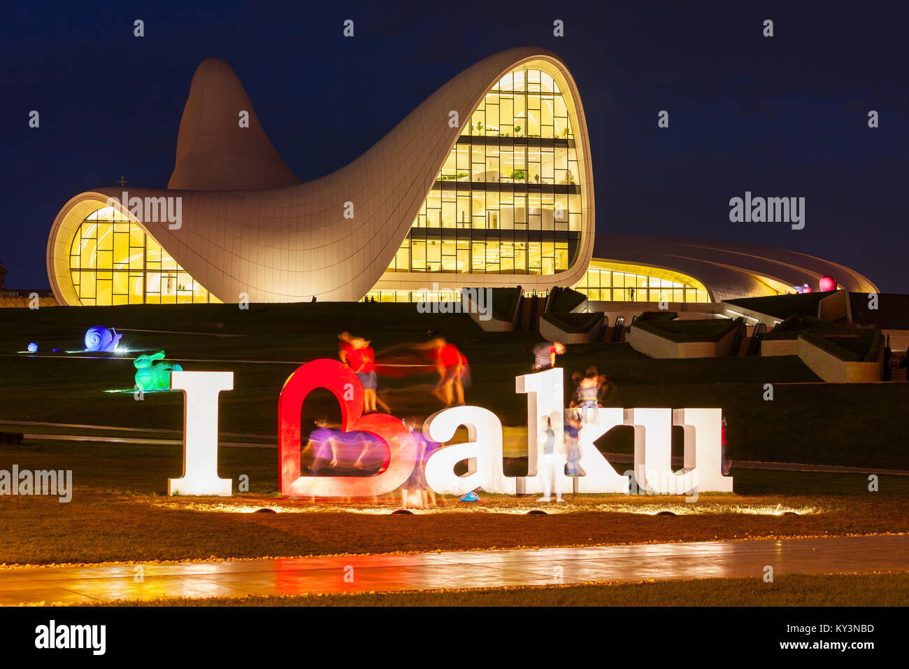 BAKU, AZERBAIJAN - SEPTEMBER 12, 2016: I love Baku monument near the Heydar Aliyev Center at night. It is a building complex in Baku, Azerbaijan. Stock Photo